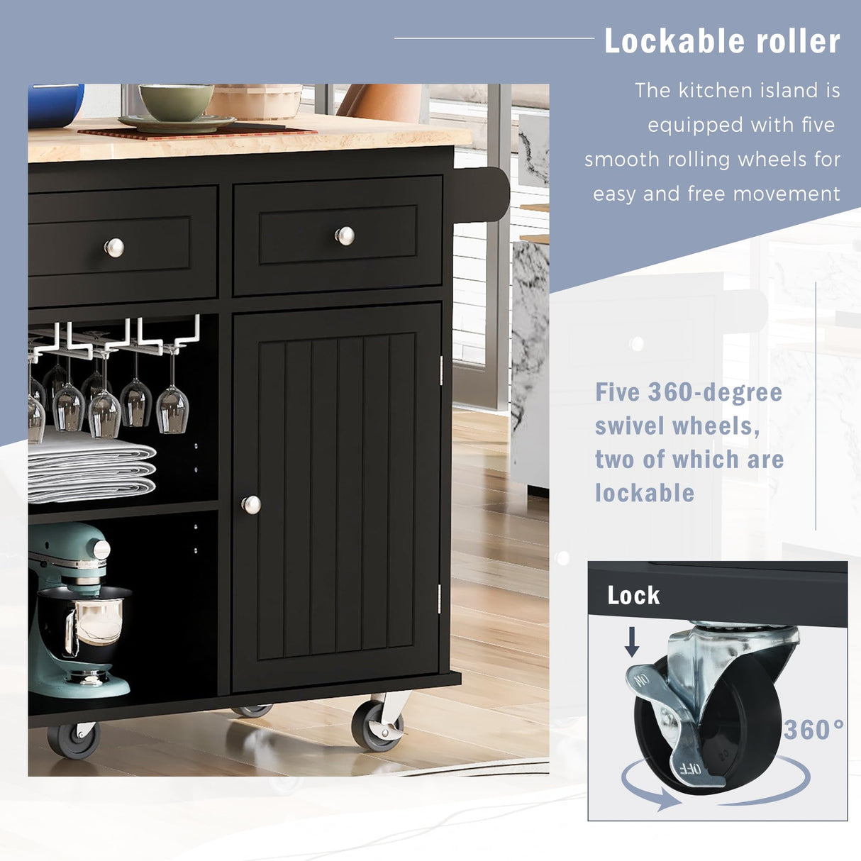 LUMISOL Kitchen Island Cart on Wheels with Power Outlet, Rolling Kitchen Cart with Drop Leaf and Wine Rack, for Kitchen Living Room, Black LUMISOL