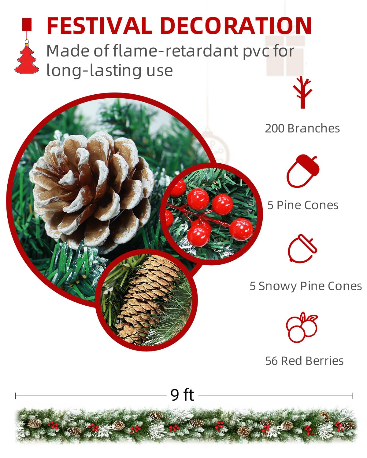 STRPRETTY BASIC 9 FT Christmas Garland, Artificial Xmas Garland Indoor Outdoor Non-Lit Pine Garland with Pine Cones Red Berries for Christmas Holiday Mantle Wreath Wedding Party