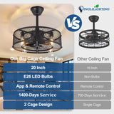 DLLT Caged Ceiling Fan with Light: 20" Farmhouse Fandelier with Light and Remote - Black Rustic Chandelier with Fan for Bedroon Kitchen Living Dining Room DINGLILIGHTING