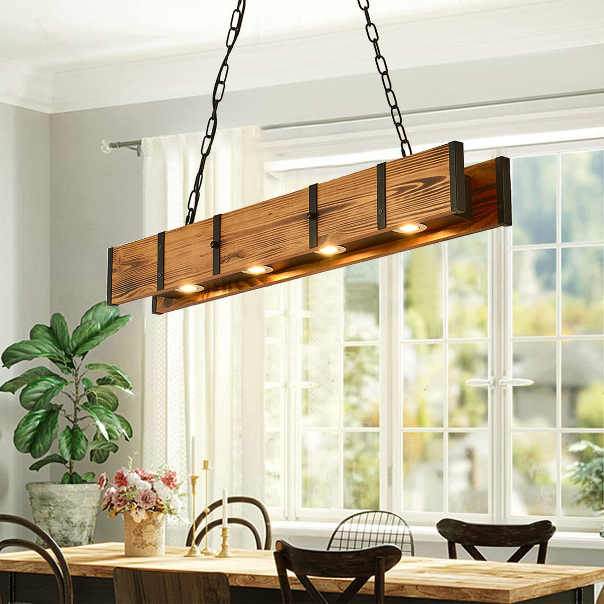 Rustic Wood Chandelier farmhouse light fixtures,hanging wooden beam light for Kitchen Island,Farmhouse Chandelier wood pool table light,wood island led light rustic hanging light BAOURE