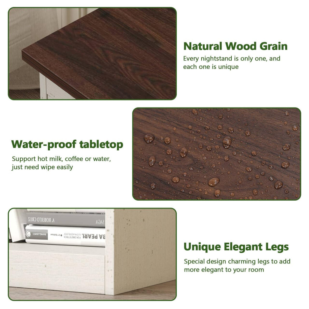 Vikiullf Farmhouse Nightstands Set of 2, Bedroom Night Stand with 1 Drawers, Wooden Bedside Tables 15.6" D x 18.7" W x 21.26" H, White and Brown Wood Grain Finish Vikiullf