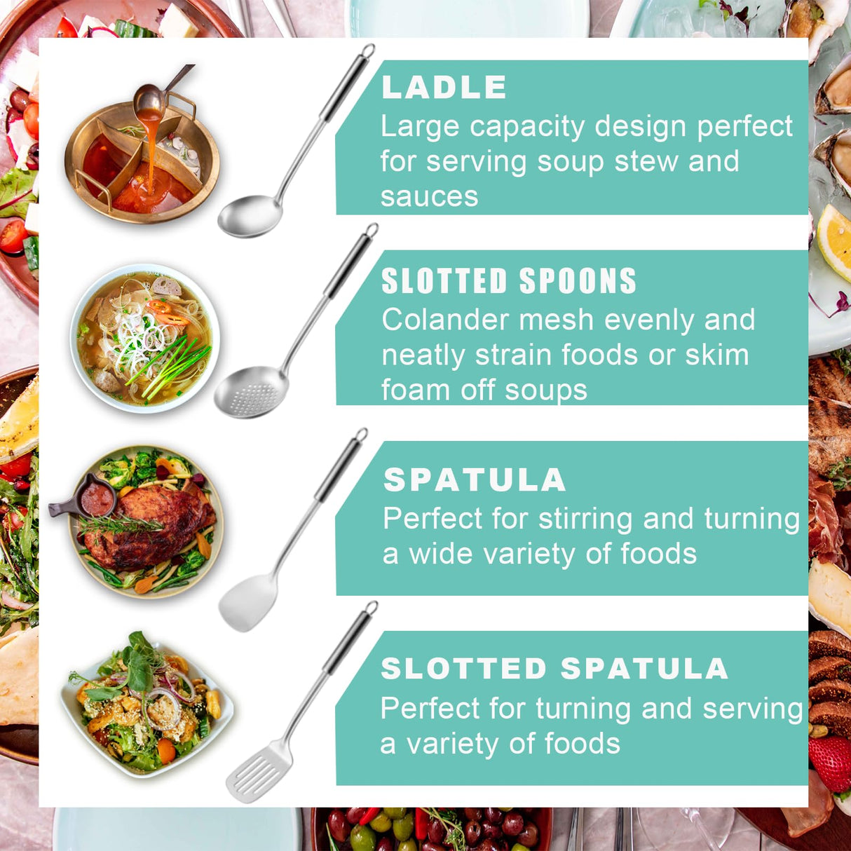 Pleafind 4-Pcs Cooking Utensils Set, Stainless Steel Kitchen Utensils, Wok Utensils Set Include Wok Ladle, Slotted Spoon, Wok Spatula and Slotted Spatula, Dishwasher Safe Pleafind