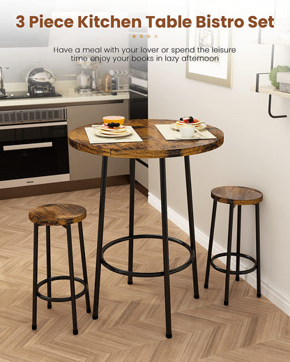 Recaceik 3 Piece Pub Dining Set, Modern Round bar Table and Stools for 2 Kitchen Counter Height Wood Top Bistro Easy Assemble for Breakfast Nook Living Room Small Space Restaurant, Rustic Bro - WoodArtSupply