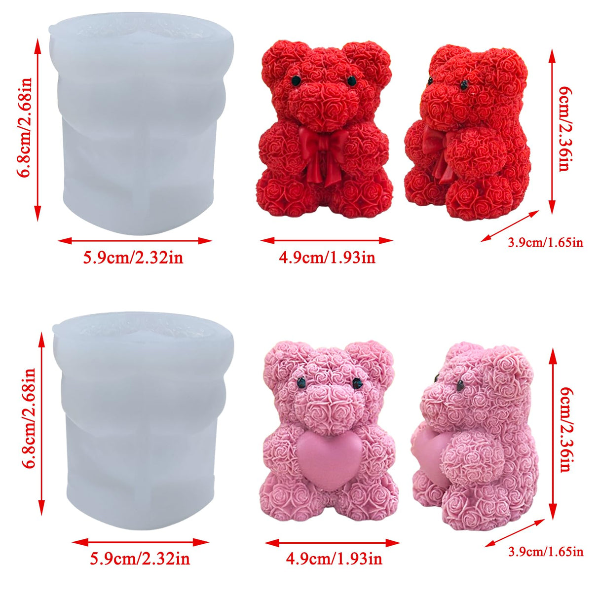 2PCS Rose Bear Silicone Mold,3D Teddy Bear Candle Making Molds,Silicone Epoxy Resin Mould,Ornament for DIY Wax Candle Art Craft Cake Chocolate Home Decor Valentine Gifts Birthday Gift（MINI） JDH Silicone