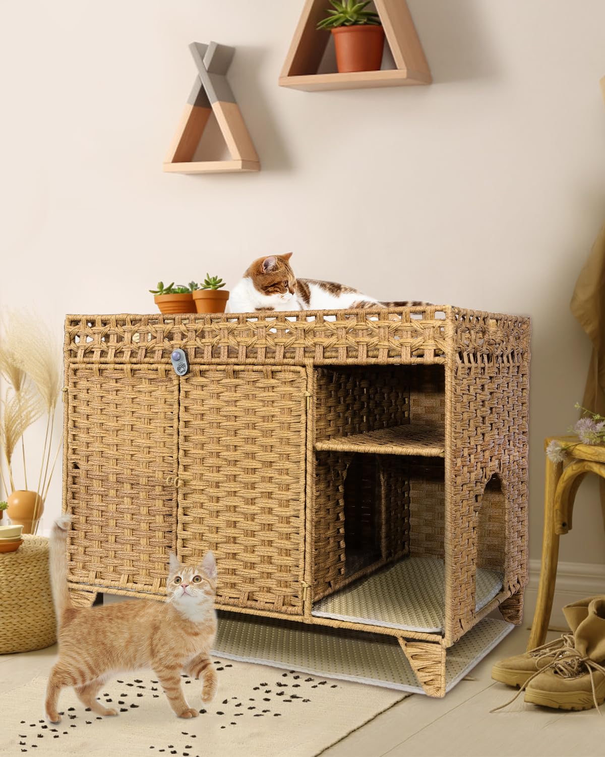 Forotone Cat Litter Box Enclosure, Hidden Cat Washroom Furniture with Litter Mat, Rattan Indoor Large Pet House with Door, for Living Room, Bedroom, Balcony Forotone