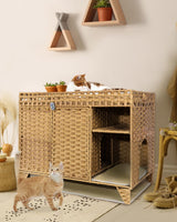 Forotone Cat Litter Box Enclosure, Hidden Cat Washroom Furniture with Litter Mat, Rattan Indoor Large Pet House with Door, for Living Room, Bedroom, Balcony Forotone