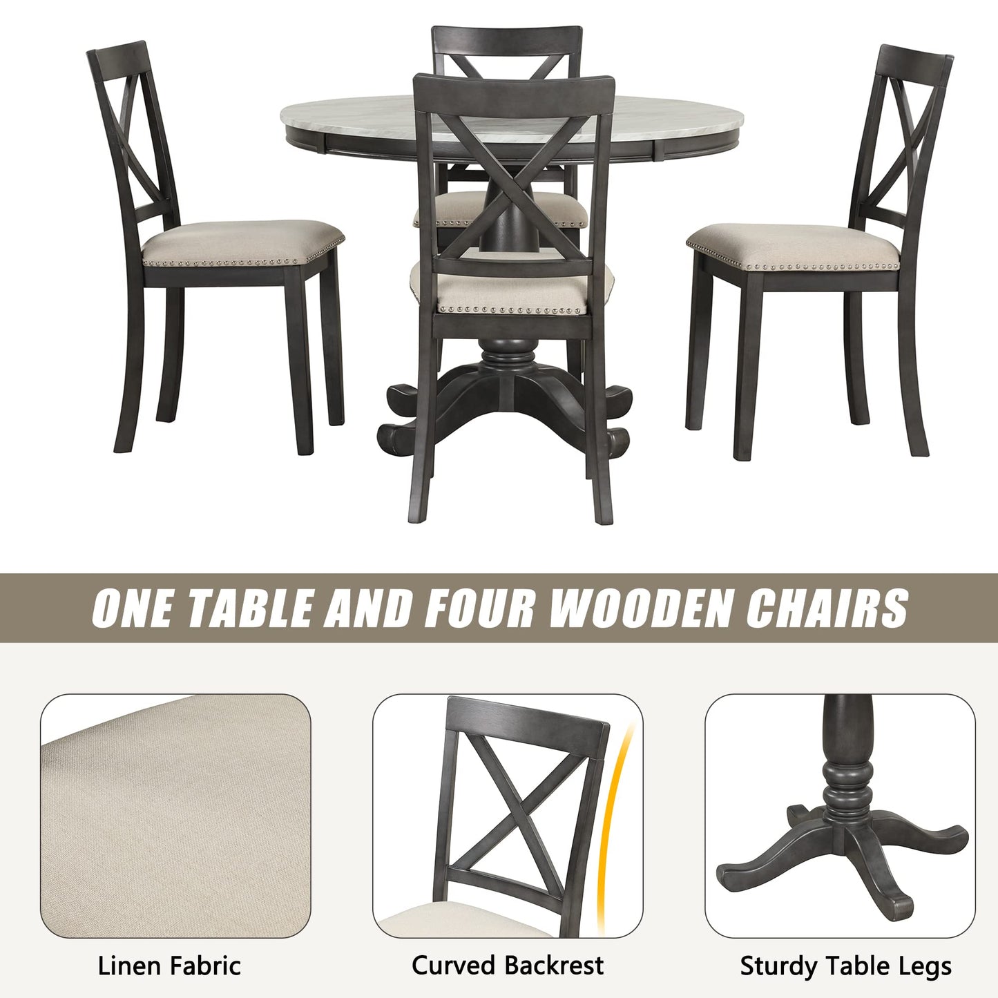 Kitchen Dining Table Set for 4, 5 Pieces Dining Table and Chairs Set for 4 Persons, Kitchen Room Solid Wood Table with 4 Chairs - WoodArtSupply