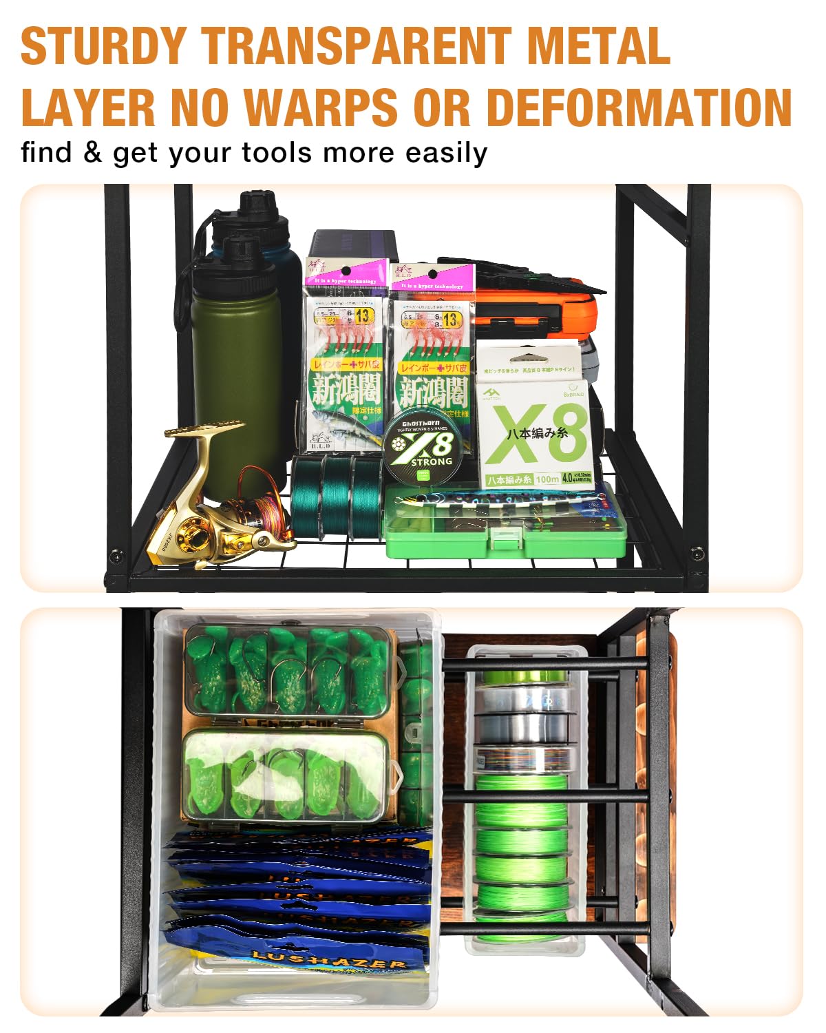 Ghosthorn Fishing Rod Holders for Garage Fishing Pole Rack Containers Included, up to 10 Rods Tackle Box Reel Storage Fishing Rod Rack Rotating Cart Fishing Gear Equipment Organizer Ghosthorn