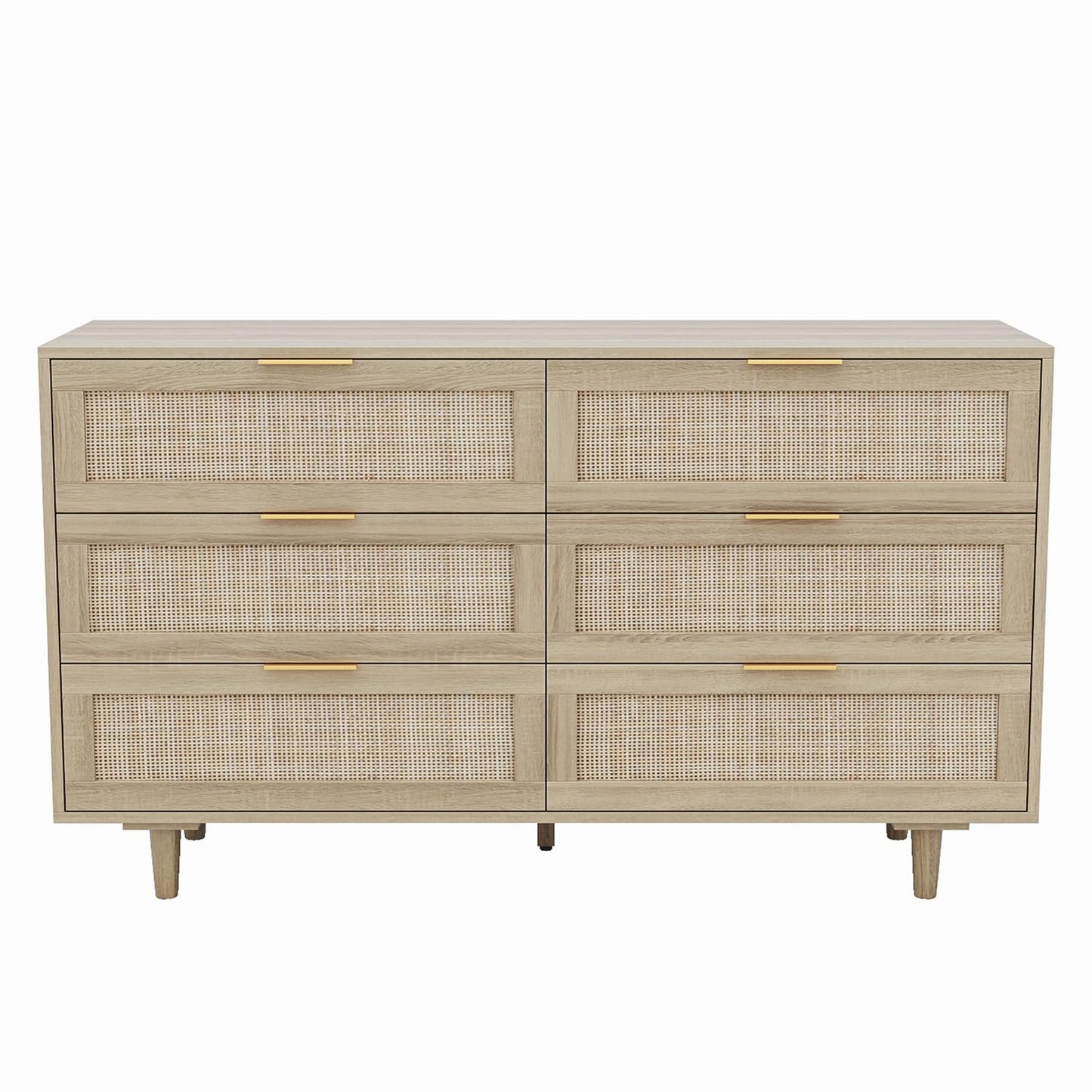 Angel Sar Rattan Dresser for Bedroom, 6 Drawer Wide Dresser, Boho&Farmhouse Chest of Drawers, 51" Clothes Storage Cabinet, Metal Handle&Wood Legs for Hallway, Living Room, Bedroom, Wood - WoodArtSupply