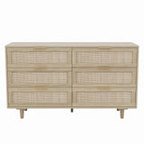 Angel Sar Rattan Dresser for Bedroom, 6 Drawer Wide Dresser, Boho&Farmhouse Chest of Drawers, 51" Clothes Storage Cabinet, Metal Handle&Wood Legs for Hallway, Living Room, Bedroom, Wood Angel Sar