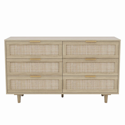 Angel Sar Rattan Dresser for Bedroom, 6 Drawer Wide Dresser, Boho&Farmhouse Chest of Drawers, 51" Clothes Storage Cabinet, Metal Handle&Wood Legs for Hallway, Living Room, Bedroom, Wood - WoodArtSupply