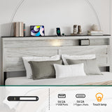 PAUKIN King Size Bed Frame with Headboard, Rustic Farmhouse Wood Bed Frame with LED Lights and Charging Station, Easy Assembly, No Box Spring Needed (White, King) PAUKIN