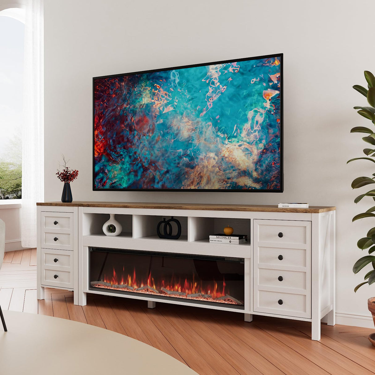 BVIUNTWO 83 Inch Fireplace TV Stand for TVs Up to 95 Inch,Farmhouse Entertainment Center with 50" Electric Fireplace,White TV Console with Storage Cabinets for Living Room BVIUNTWO