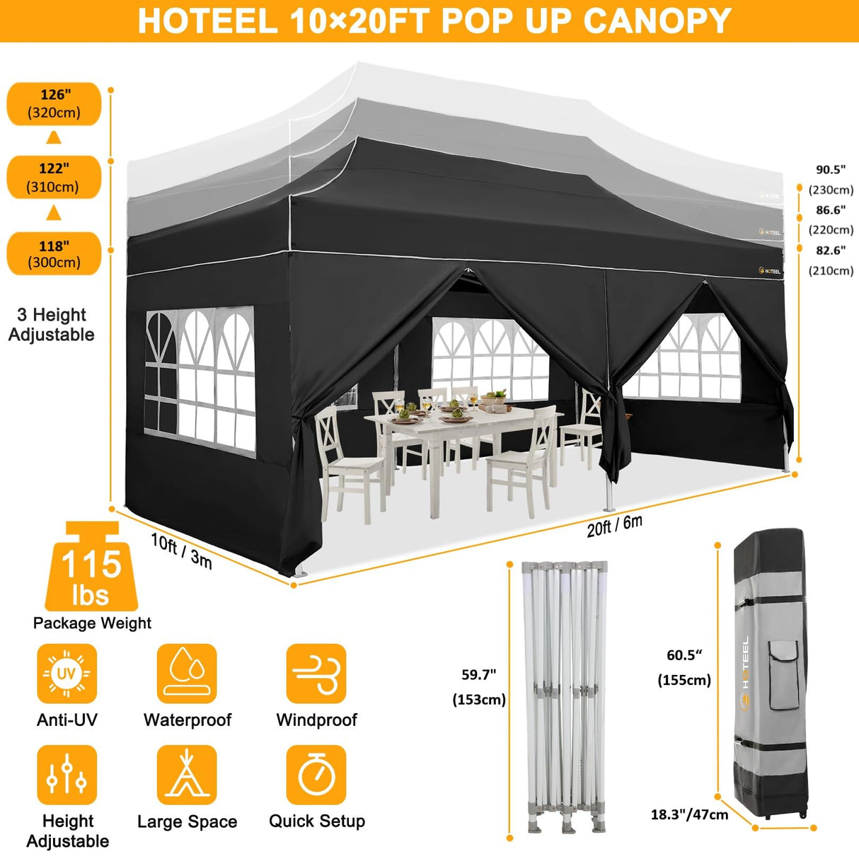 HOTEEL 10x20 Heavy Duty Pop Up Canopy Tent with Sidewalls, Commercial Outdoor Canopy Tents for Parties Event Wedding with Roller Bag, Waterproof & UV 50+, Upgraded Thickened Hexagonal Legs, Black Hoteel