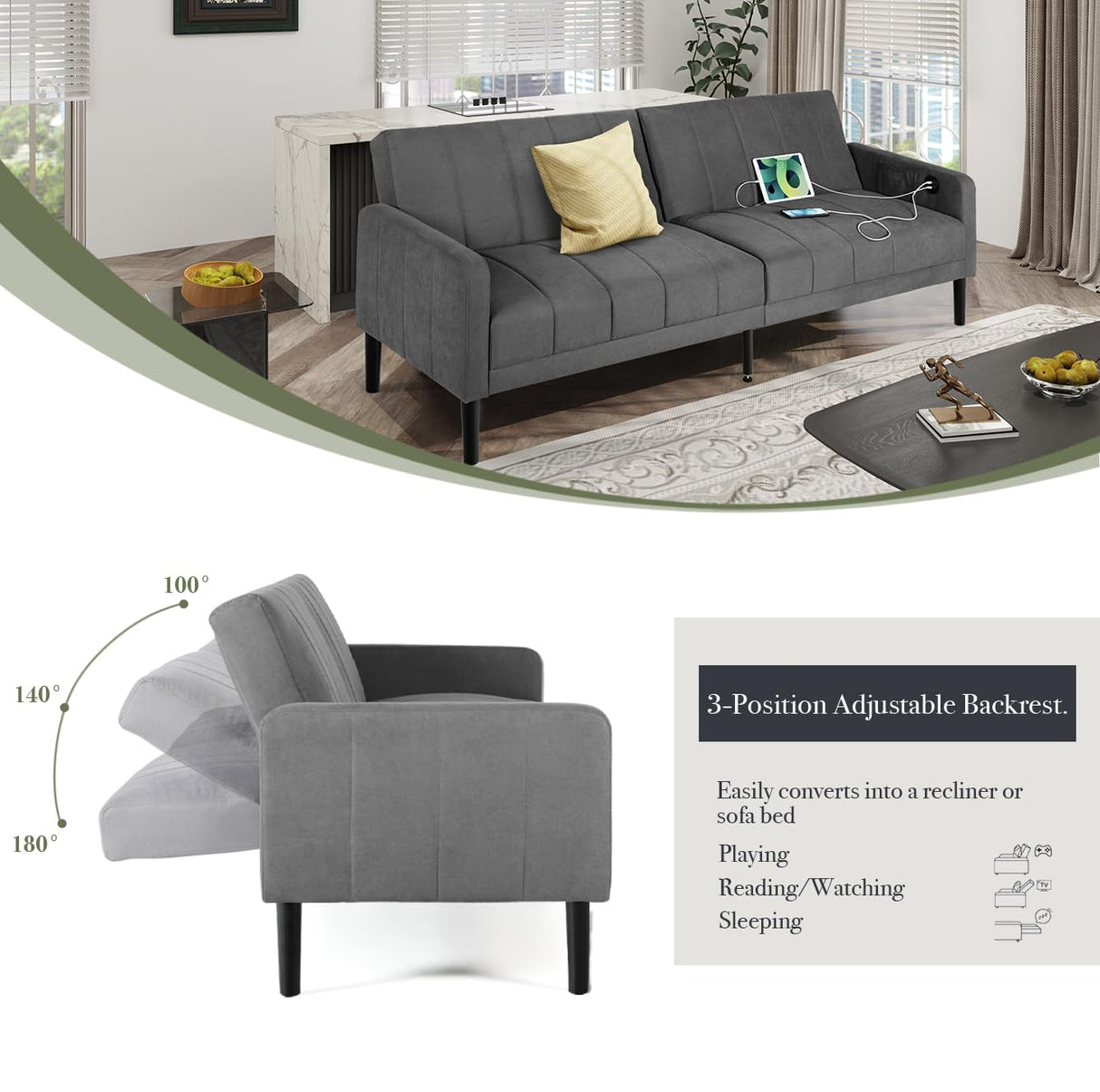 CHYMSUN 82" Convertible Futon Sofa Bed, Comfy Fabric Folding Sleeper Couch Bed w/USB & Adjustable Backrest, 3 in 1 Modern Foldable Recliner Loveseat Futons for Living Room, Apartment, Office (Grey) CHYMSUN