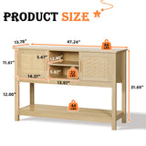 LAZZO 47" Rattan Console Table - Multi-Functional Narrow Entryway & Sofa Table with Storage Cabinets and Drawers LAZZO