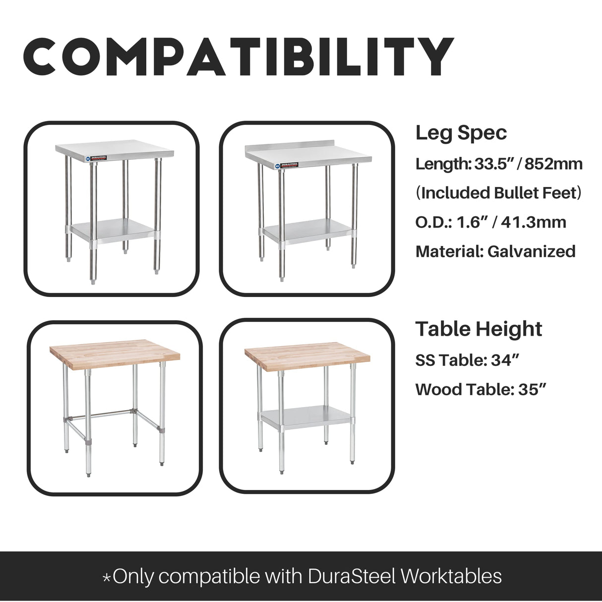 DuraSteel Galvanized Legs for Work Table - 33.5 inch Replacement Galvanized Legs - Fits Commercial Food Prep Stainless Steel Utility Table or Maple Wood Worktable, Silver DuraSteel