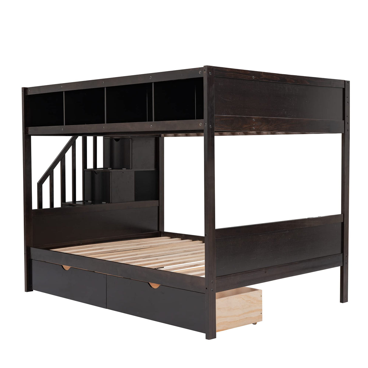 Merax Twin Over Full Bunk Bed with Storage Drawers and Shelf, Bunk Beds Twin Over Full with Storage Staircase, Wood Slat Support, No Box Spring Needed, Espresso Merax