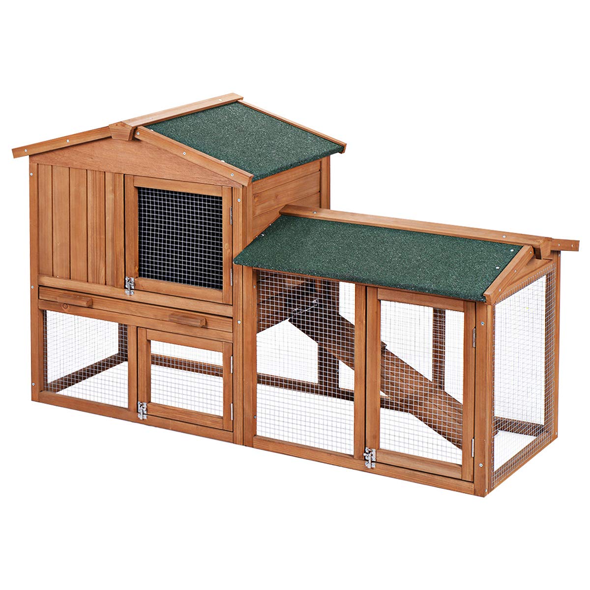 PETSJOY Rabbit Hutch, 58 Inches Outdoor Large Wooden Bunny Cage Chicken Coop with Ventilation Door, Removable Tray & Ramp PETSJOY