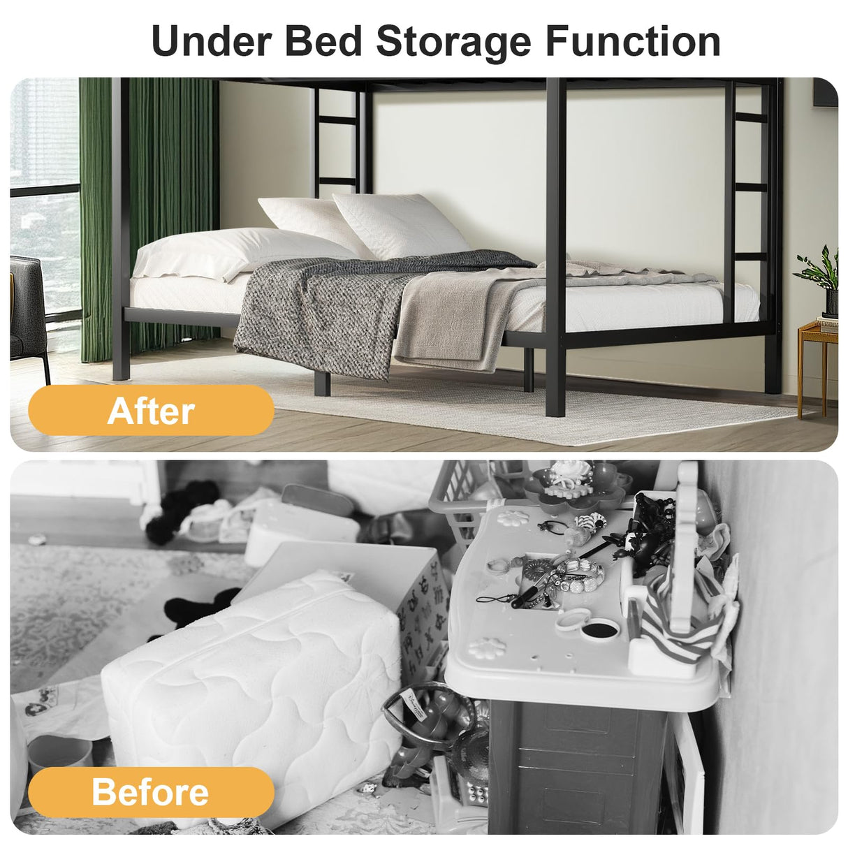 HKOLIE Queen Over Queen Bunk Bed, Metal Bunk Bed Frame Heavy Duty Bunk Beds Loft Bed Frame with Ladder and Guardrail Metal Slats No Box Spring Required for Adults Teens, Queen Over Queen Size HKOLIE