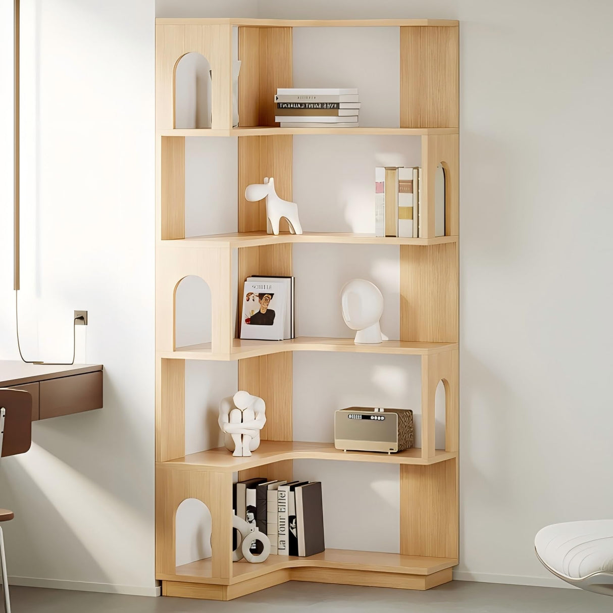 LIKEMET 6 Tier Corner Bookshelf, Tall L Shaped Bookcase, 68.5 Inches Wooden Corner Bookshelves with Arched Design, Freestanding Roomy Display Shelf Stand for Home Office LIKEMET