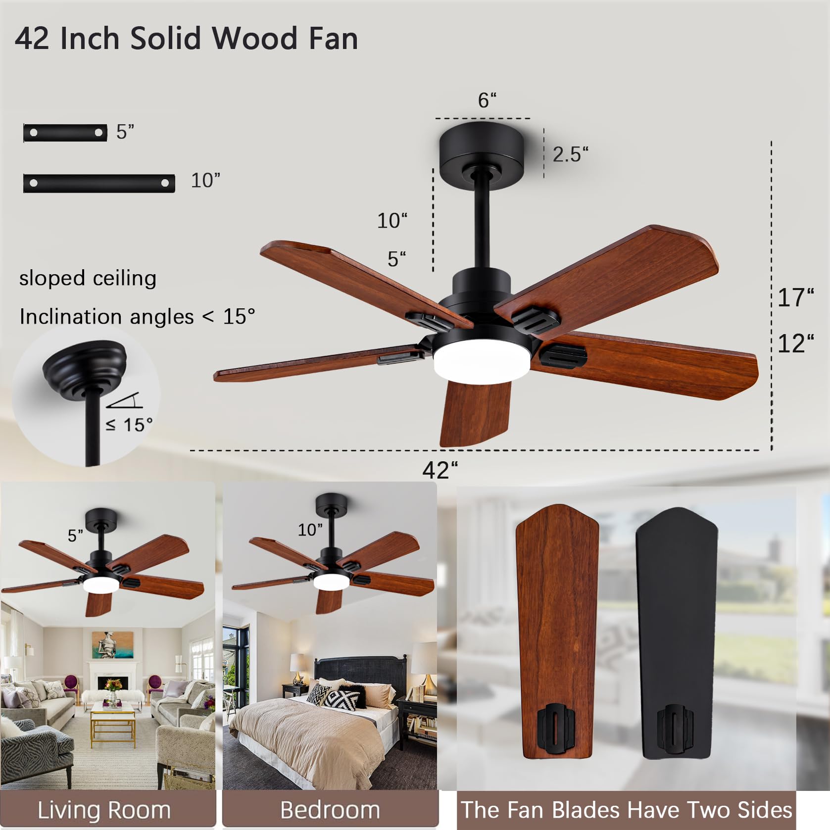 ducrew 42" Wood Ceiling Fan with Light and Remote, Quiet Reversible DC Motor, 5 Blade Walnut/Black, 6 Speed, Indoor/Outdoor Ceiling Fans for Patio, Dining Room,Living Room and Farmhouse - WoodArtSupply