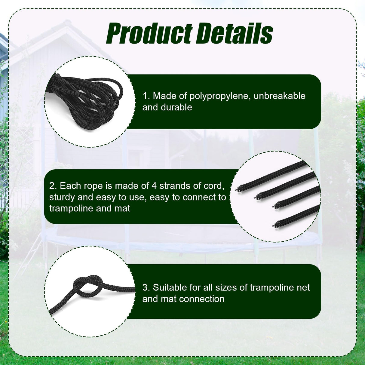 lasuroa 4 Pcs Trampoline Netting Cords, 15ft Each Black Trampoline Netting Cords Replacement Parts for Fence Netting Safety Trampoline Netting Cords Fits 12-16ft Trampolines lasuroa