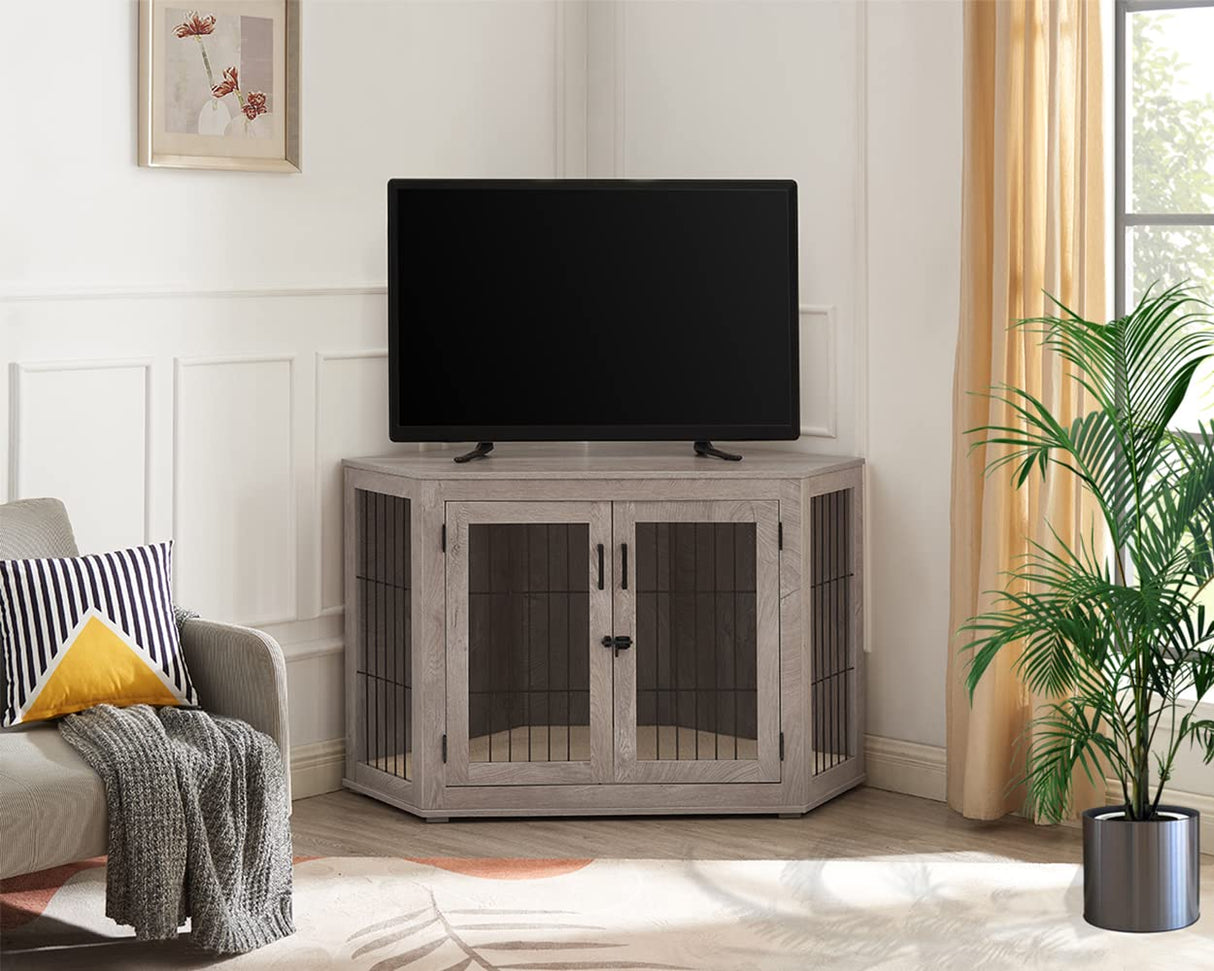 beeNbkks Furniture Dog Crate Corner, Dog Kennel Corner Wooden End Table with Cushion, Indoor Pet Crates Corner Side Table for Dogs, Wide Top Perfect for Limited Room(Large, Weathered Gray) beeNbkks