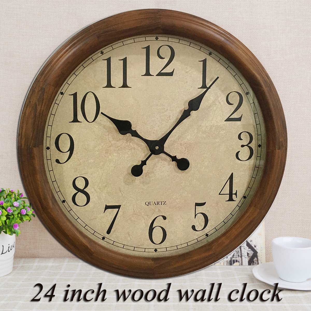 KELAOTE 24-Inch Wood Silent Non-Ticking Battery Operated Decorative Wall Clock for Living Room Decor Large Decorative Clock Oversized (Pine) KELAOTE