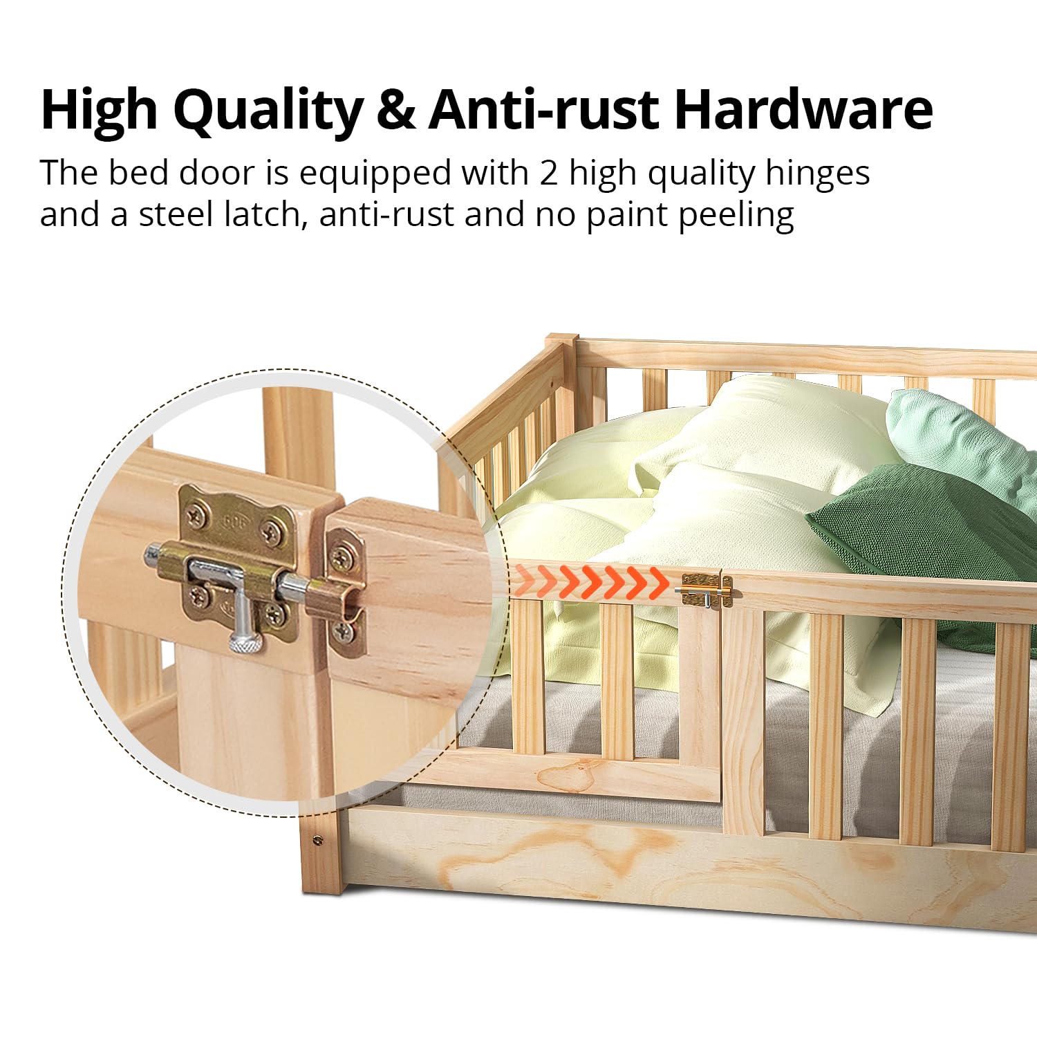 Durable Natural Montessori Full Floor Bed for Children with Safety Fence and Door - WoodArtSupply