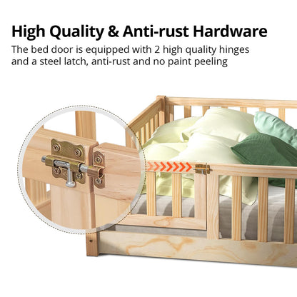 Durable Natural Montessori Full Floor Bed for Children with Safety Fence and Door - WoodArtSupply