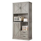 GarveeHome Modern Kitchen Pantry Cabinet with Microwave Stand, Tall Hutch Bar Cabinet with Drawers & Adjustable Shelves, Large Wood Storage for Dining Room, Living Room, Rustic Grey GarveeHome