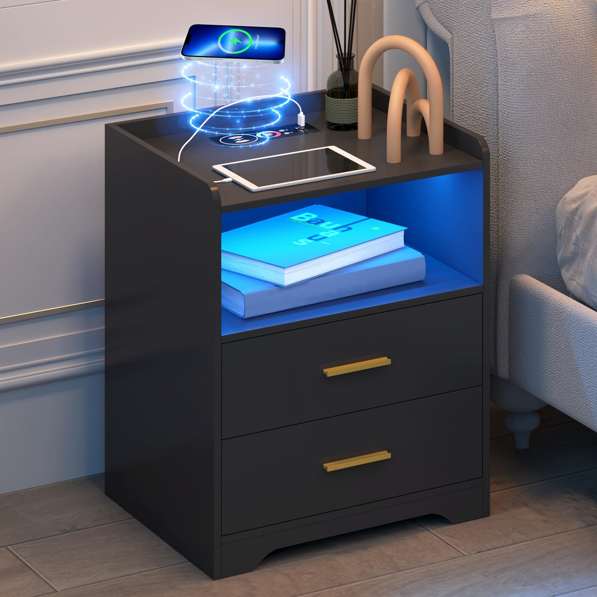 dnbss Black LED Nightstand with Charging Station, Night Stands with 24-Color RGB LED Lights, Smart Lighted Nightstand Black Bedside Table with Drawers, Modern Nightstand Bedroom dnbss