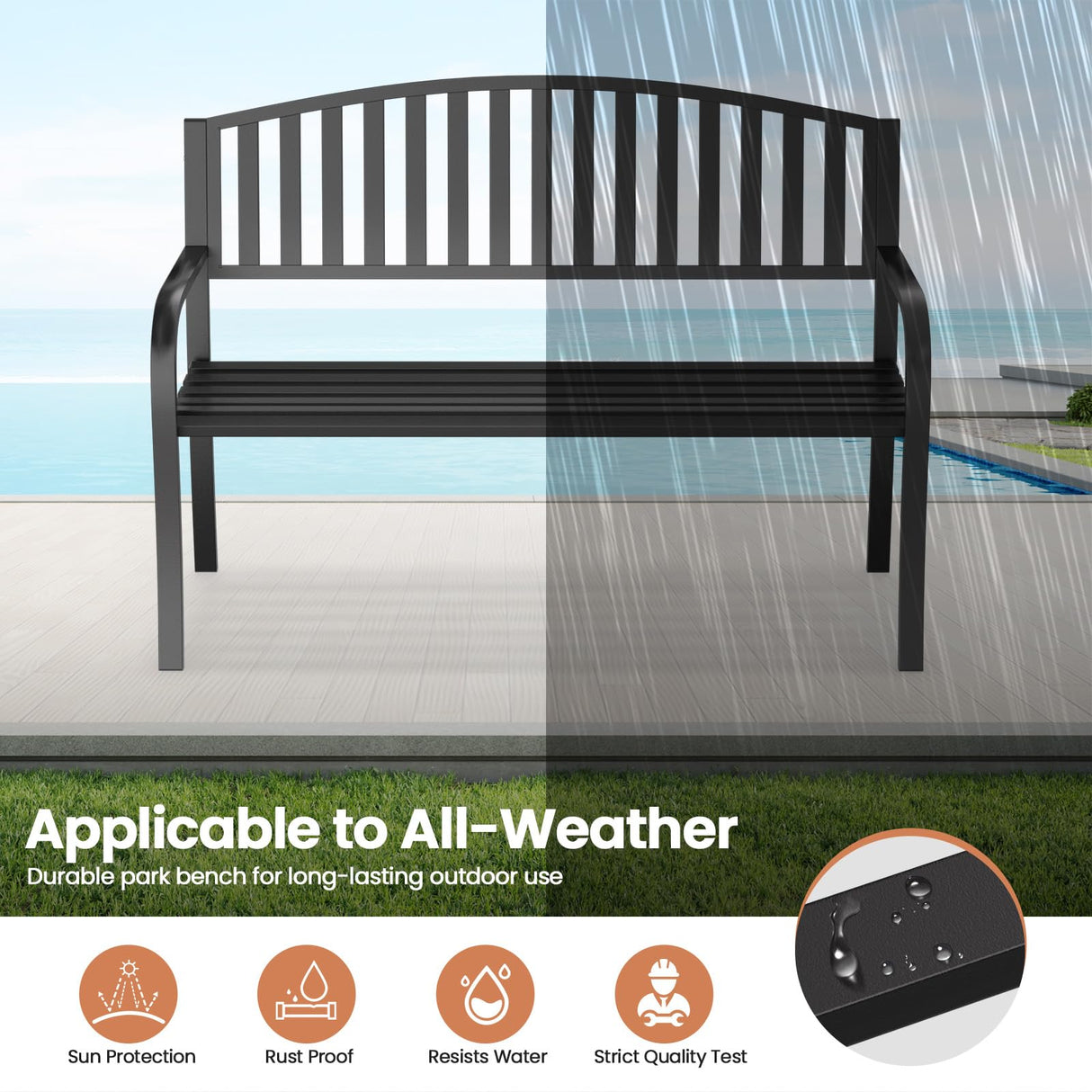 Granper Garden Bench, 50" Outdoor Bench, 660LBS Wrought Iron Porch Bench, Patio Bench with Armrests for Garden Lawn or Yard, Black Granper