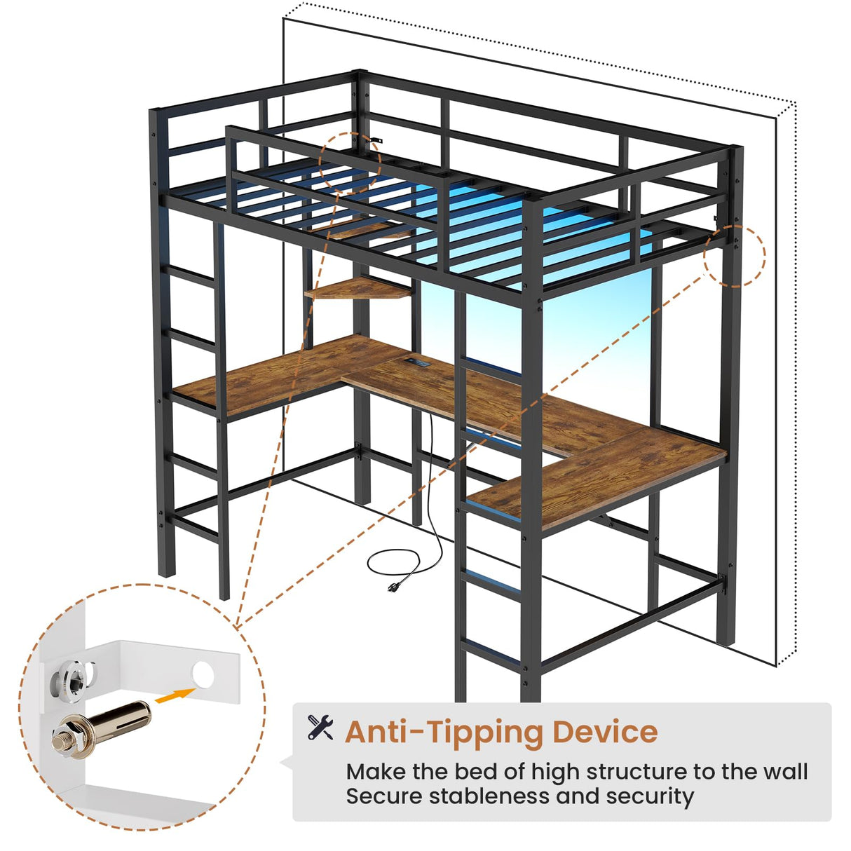 DICTAC Twin Loft Bed with U-Shaped Desk, LED Lights, Charging Station, and Storage Shelves - Black DICTAC