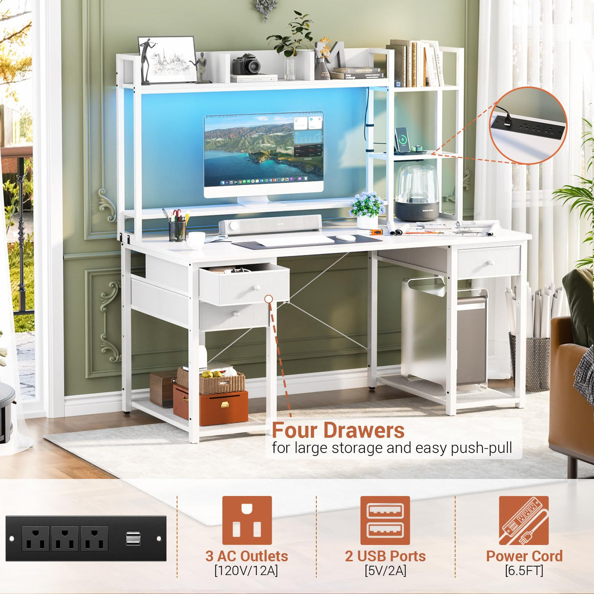 Aheaplus Desk with LED and Outlets, Gaming Desk with Hutch, 47.2'' Computer Desk with Drawers, Reversible Office Desk with Storage Bookshelf Large Workstation Desk with Shelf, Desk for Home, White Aheaplus