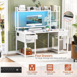 Aheaplus Desk with LED and Outlets, Gaming Desk with Hutch, 47.2'' Computer Desk with Drawers, Reversible Office Desk with Storage Bookshelf Large Workstation Desk with Shelf, Desk for Home, White Aheaplus