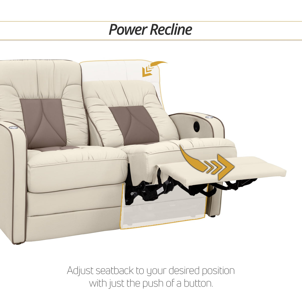 Qualitex De Leon RV Loveseat, Ultimate Leather, Heat and Massage, Power Recline, Bisque and Light Antelope Qualitex