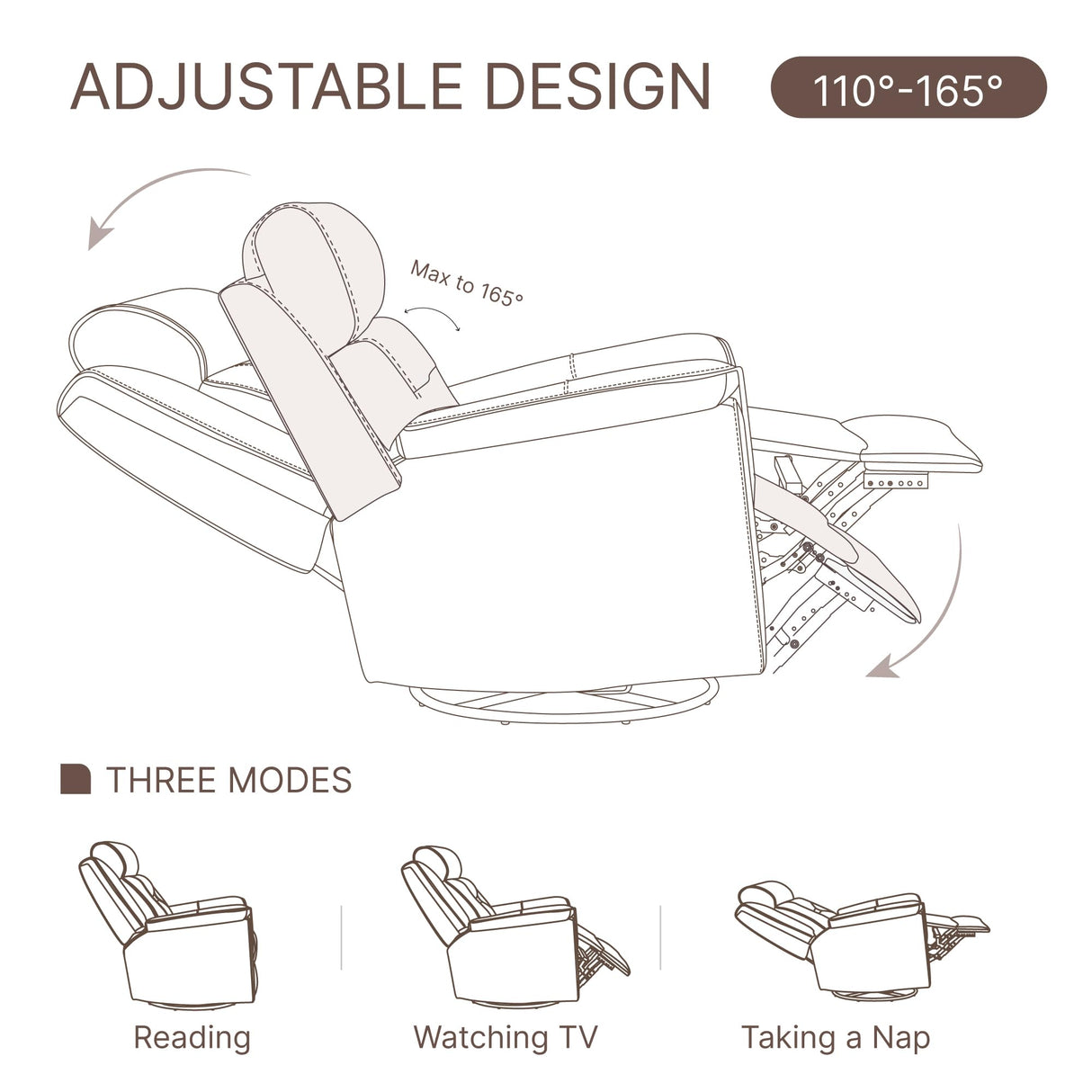 KISLOT Leather Recliner Chair, 360° Swivel Rocker for Adults Manual Rocking Reclining Chair with Adjustable Backrest Footrest for Living Room Bedroom Home Theater Seating KISLOT