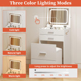 PulseFay Compact Vanity with 3 Drawers, 3 in 1 Vanity Desk, Makeup Desk with Flip-up 3 Colors Lighting Mirror and Cushioned Stool, Small Vanities Nightstand Perfect for Bedroom, White PulseFay