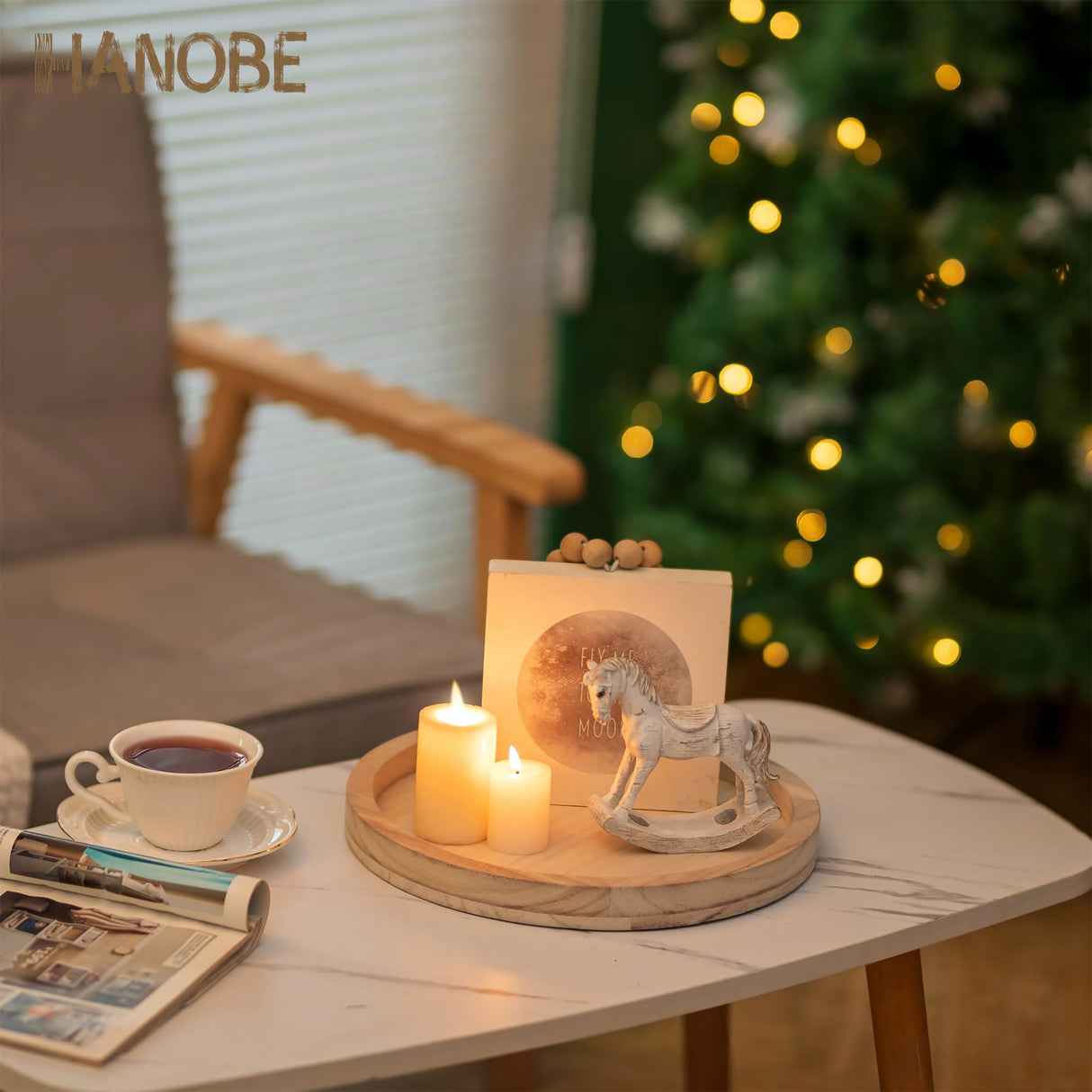 Hanobe Round Wood Candle Tray: Rustic Wooden Candle Holder Natural Pillar Stand Farmhouse Tea Light Plate Base for Living Room Coffee Table Centerpiece for Kitchen Counter Bathroom Home Decor,11.8" Hanobe