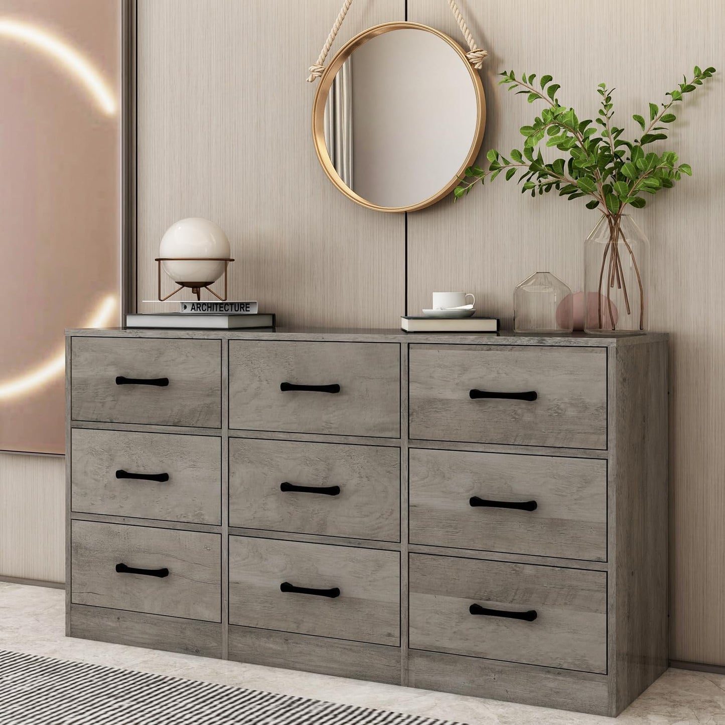 LINLUX Dresser for Bedroom, 9 Drawer Large Wide Dressers, Farmhouse Wooden Chest of Drawers for Entryway, Living Room, Hallway, Grey