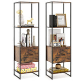 Tangkula 4-Tier Bookshelf with Drawer, 62.5” Tall Narrow Bookcase with Metal Frame & Anti-tip Kits, 4 Open Shelves & Pull-Out Drawer, Modern Slim Display Storage Rack for Living Room Study (2, Brown) Tangkula