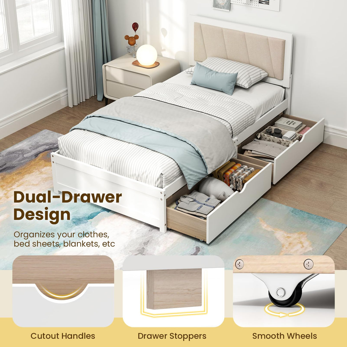 Giantex Wood Twin Bed with 2 Storage Drawers, Solid Wood Platform Bed with Upholstered Headboard, Wooden Slats Support, Twin Bed Frames for Kids Teens Adults, No Box Spring Needed, White & Beige Giantex