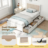 Giantex Wood Twin Bed with 2 Storage Drawers, Solid Wood Platform Bed with Upholstered Headboard, Wooden Slats Support, Twin Bed Frames for Kids Teens Adults, No Box Spring Needed, White & Beige Giantex