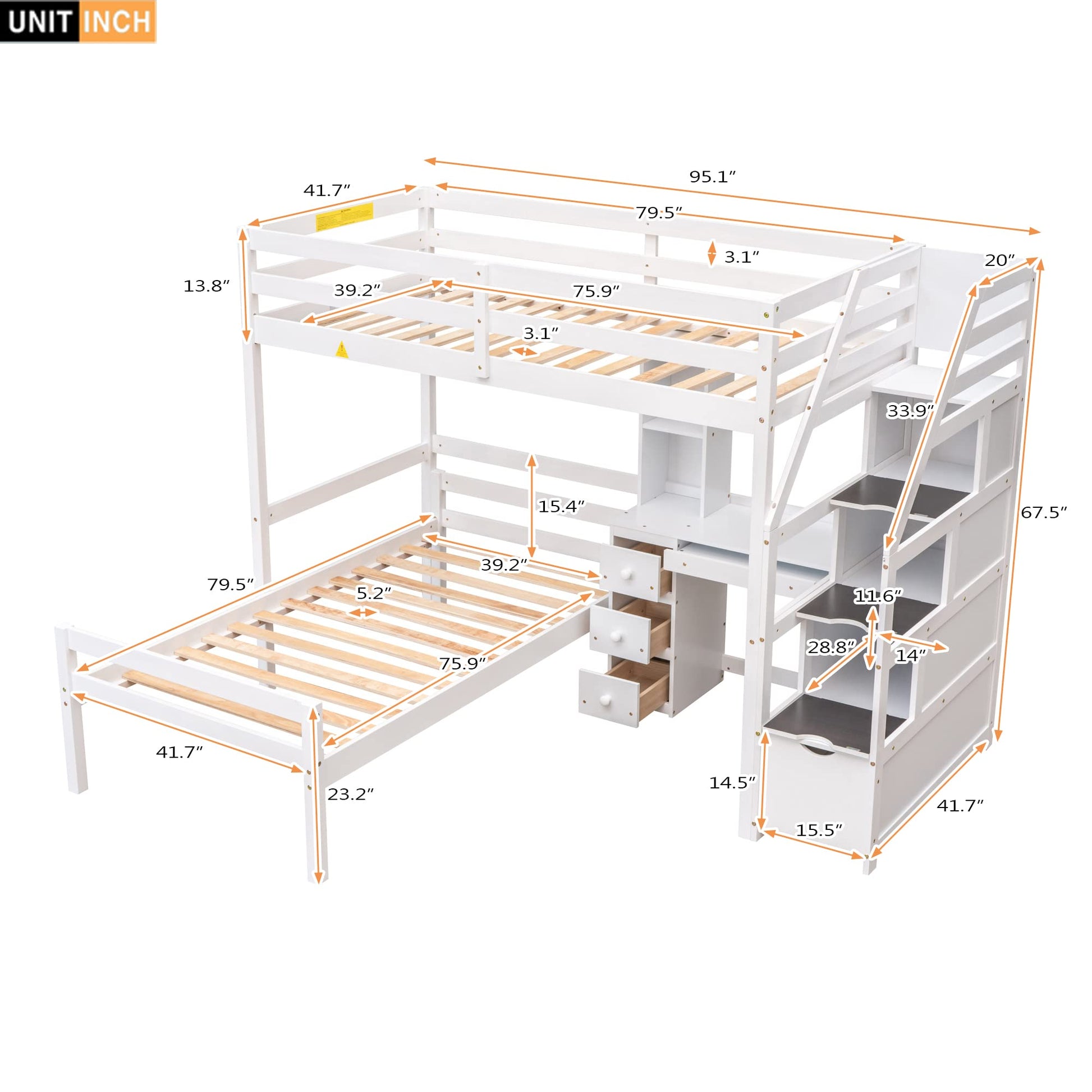 Harper & Bright Designs Twin Loft Bed with Stairs, Desk, Shelves, and Storage Drawers in White - WoodArtSupply