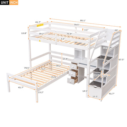 Harper & Bright Designs White Twin over Twin Bunk Bed with Stairs, Desk, and Storage for Kids and Teens