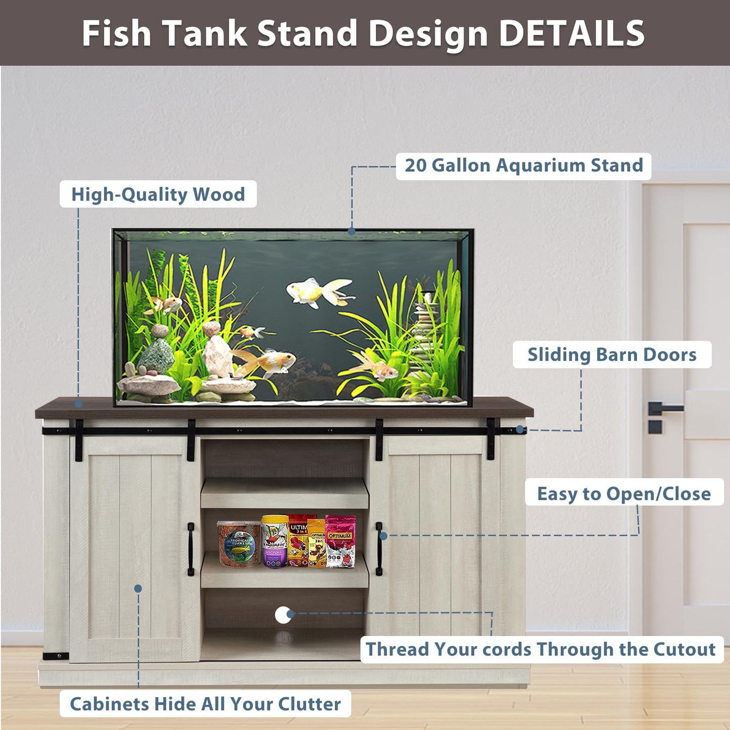 BESTTOONE Fish Tank Stand, 20 Gallon Aquarium Stand with Open Storage Space and Cable Holes, Fish Tank Table with Sliding Doors, 54.5" W*15.75" D*30.5" H, Light Gray