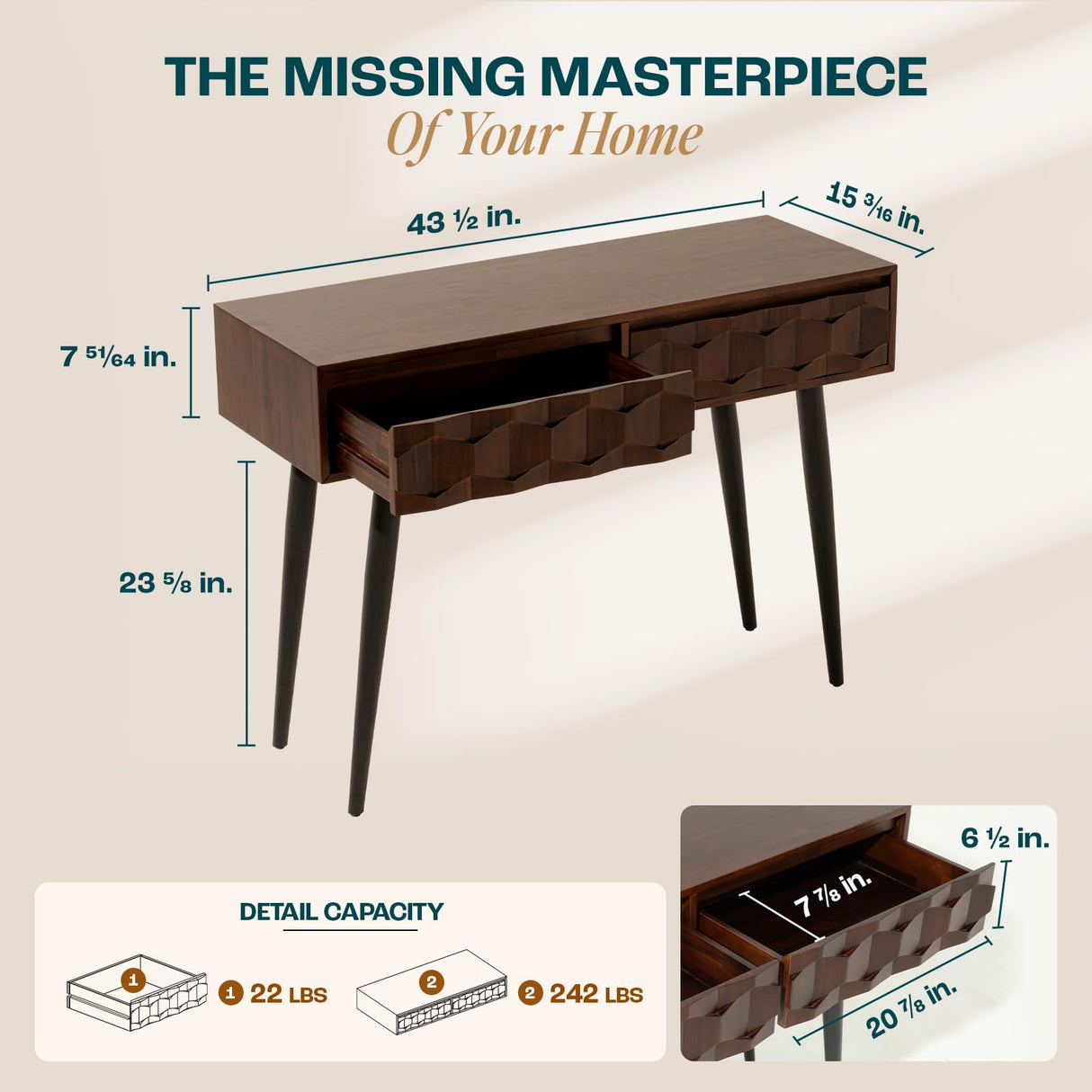 Bme Console Modern Mid-Century 2 Drawers, Unique Geometric Design Sofa Table for Entryway, Hallway, Living Room, Walnut Bme