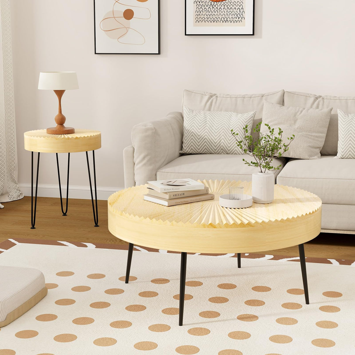 COSTWAY Farmhouse Round Coffee Table Set of 2, Rustic Sofa Side Tea Tables w/Wood Finish, Metal Frame, Adjustable Foot Pads, Nesting End Table Set for Living Room (Radial Pattern, Light Natural) COSTWAY